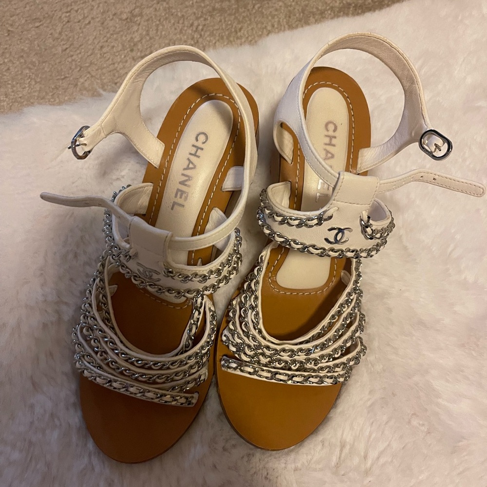 Chanel Cream and Silver Chain Sandals